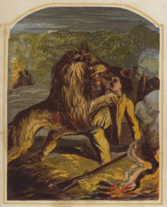 Skotský misionář David Livingstone napaden lvem v Africe (chromolit) od English School