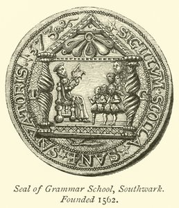 Seal of Grammar School, Southwark, založená 1562 od English School