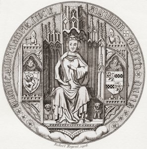 Pečeť Roberta Stewarta, vévody z Albany, c. 1340 1420. Člen skotského královského rodu, regent, guvernér Skotska, vévoda z Albany, hrabě z Fife & Menteith. Z Iconographia Scotica nebo Portréty slavných Skotska, publikoval 1797. od English School