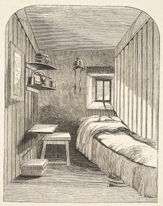 Oddělená spací cela v jednom z nových křídel ženské věznice v Brixtonu, ilustrace z knihy The Criminal Prisons of London and Scenes from Prison Life od Henryho Mayhewa a Johna Binnyho, pub. od English School