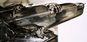 Seržant James Allen Ward kráčející na křídle bombardéru Wellington od English School