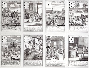 Sada hracích karet zobrazujících satirické scény současných komerčních podniků a investic, kolem roku 1720 od English School