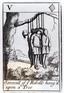 Několik rebelů viselo na stromě, pět srdcí hrající karty ze sady připomínající povstání Monmouthů v roce 1685 od English School