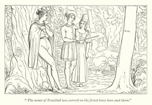 Shakespeare je Jak se vám líbí; Orlando vidí Rosalind převlečenou za Ganymeda (rytina) od English School