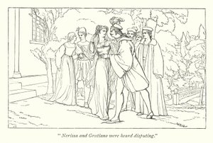 Shakespearův Kupec benátský; Portia se objevuje jako předstíraní doktori práv (rytina) od English School