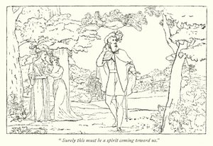 Shakespearova Bouře; Ferdinand vedený Arielovou písní (rytina) od English School