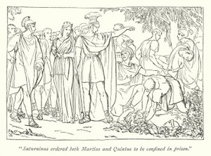 Shakespearův Titus Andronicus; Martius a Quintus zatčeni za vraždu Bassianus (rytina) od English School