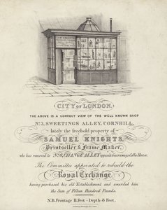 Obchod Samuel Knights, prodejce tiskáren a výrobce rámů, 3 Sweetings Alley, Cornhill, City of London od English School