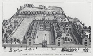 Sidney Sussex College, asi 1688, po Loggan (rytina) od English School