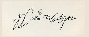 Podpis Williama Shakespeara, z „Díla Williama Shakespeara“, vydáno 1896 (rytina) od English School