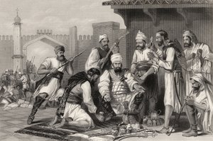 Sikhské jednotky rozdělující kořist získanou od vzbouřenců z „Historie indické vzpoury“ vydané v roce 1858 od English School