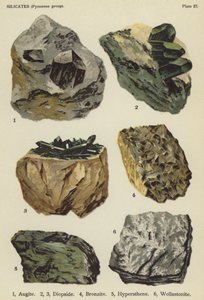 Silikáty (pyroxenová skupina), augit, diopsid, bronzit, hypersten, wollastonit (barevné lito) od English School