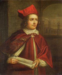 Sir Augustus Harris (1851-96) jako kardinál Wolsey od English School