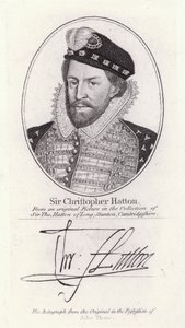 Sir Christopher Hatton, lord kancléř Anglie a oblíbenec královny Alžběty I. (rytina) od English School