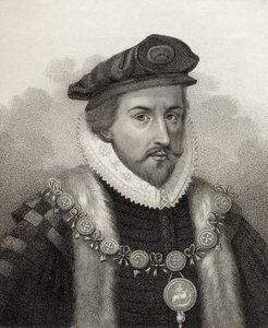 Sir Christopher Hatton, vyryl Bocquet, ilustrace z „Katalogu královských a vznešených autorů, svazek II“, vydaného v roce 1806 od English School