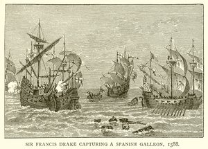 Sir Francis Drake zachycující španělskou galeonu, 1588 od English School