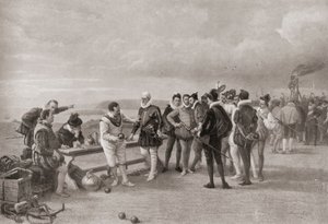 Sir Francis Drake hraje mísy se španělskou armádou na dohled v Plymouth Hoe v Anglii v roce 1588. od English School