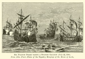 Sir Francis Drake veze španělskou galeonu, 22. července 1588 od English School