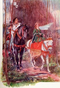 Sir Lancelot a královna Guinevere. Barevná ilustrace z knihy The Gateway to Tennyson vydané v roce 1910. od English School