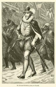Sir Richard Bulkeley jde do kostela (rytina) od English School