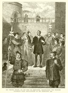 Sir Thomas Wyatt, na cestě k popravě, osvobozuje princeznu Alžbětu z účasti na jeho povstání, 1554 od English School