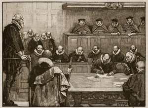 Sir Walter Raleigh před soudci, ilustrace z Cassells Illustrated History of England (sépiová fotografie) od English School