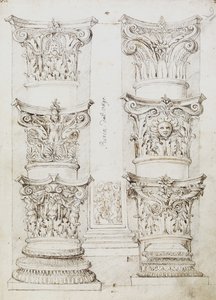 Six Capitals, a Lesene and Two Column Base, Folio 1, The Master of the Oxford Album, c.1512-17 (pero a tmavě hnědý inkoust) od English School