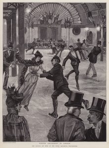 Bruslení na Crystal Ice Rink v Royal Aquarium, Westminster, Londýn (litho) od English School