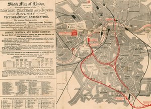 Skica Mapa Londýna ukazující polohu železnice London, Chatham a Dover