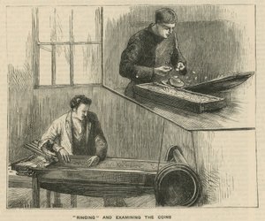 Skici v královské mincovně, Tower Hill; zvonění a zkoumání mincí od English School