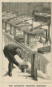 Skici v královské mincovně, Tower Hill; automatické váhy od English School