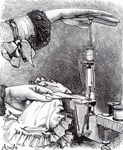 Malý šicí stroj s vázaným stehem, osm palců dlouhý, vážící 8 uncí, z Cassells Family Magazine, publikovaný 1886 od English School