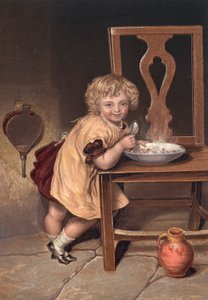 Usmívající se dítě jící jídlo ze židle (barevná litografie) od English School