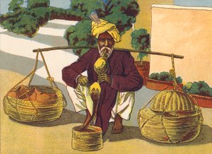 Zaklínač hadů, Indie (barevná litografie) od English School