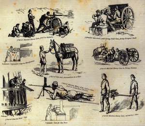 Některé druhy zbraní Nordenfelt, jak se nyní používají v armádě a námořnictvu, z The Graphic, 10. dubna 1886 od English School