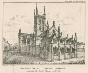 Jihovýchodní pohled na kostel St Saviors Church, Southwark, zobrazující obnovenou kapli Lady od English School