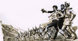 Spiridon Loues vítězí v olympijském maratonu s doprovodem dvou řeckých princů od English School