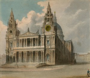 Spooners Protean Views: Katedrála St Pauls, ukazující stánky City Companies a Christs Hospital na návštěvě Queens v Guildhallu od English School