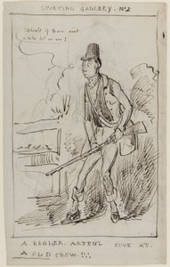 Sportovní galerie č. 2, A Regler, Artful Cove at a Old Crow, c.1825 (pero a inkoust na papíře) od English School