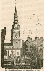 Kostel St Brides, Fleet Street, Londýn, jak to vypadalo 11. ledna 1825 od English School