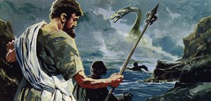 St Columba přišel k jezeru Loch Ness a uviděl muže, kterého zranila velká vodní příšera
