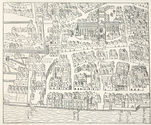 St Pauls a sousedství, z Aggas Plan, 1563 od English School