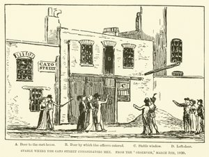 Stáj, kde se setkali Cato Street Conspirators, od Observer, 5. března 1820 (rytina) od English School
