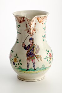 Staffordshire džbán zdobený postavou v kroji Vysočiny, 1755 (solná glazura) od English School
