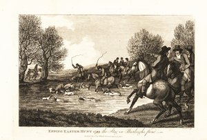 Lovci jelenů a ohaři lovící tele jelena v Epping Easter Hunt od English School