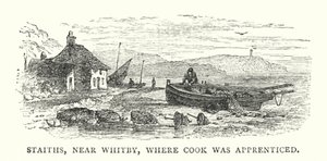Staiths, poblíž Whitby, kde se Cook vyučil (barevné rytí) od English School