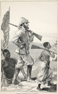 Stanley se blíží k jezeru Tanganika, ilustrace z Obrazového vydání života a objevů Davida Livingstona od J. Ewinga Richieho, vydalo nakladatelství A. Fullarton & Co., 1876. od English School