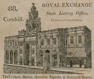 State Lottery Office, východní roh Royal Exchange, 88 Cornhill, Londýn od English School
