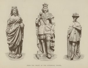 Sochy královny Alžběty I., krále Karla I. a krále Edwarda VI. z přední části Guildhall Chapel, City of London od English School