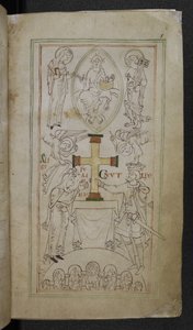 Stowe 944 f.6 Král Cnut a jeho královna, Aelfgyfu, představující kříž na oltáři Nové katedrály, 